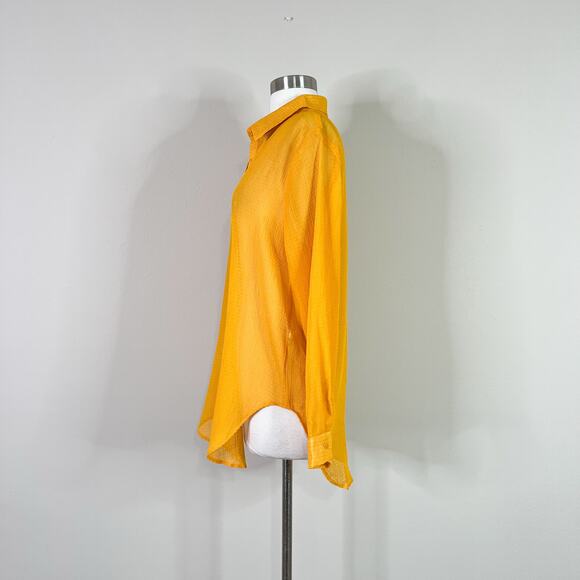 NEW Lisa Says Gah | Shirred Mustard Yellow Solid Sheer Flower Button Button Top - Picture 8 of 10